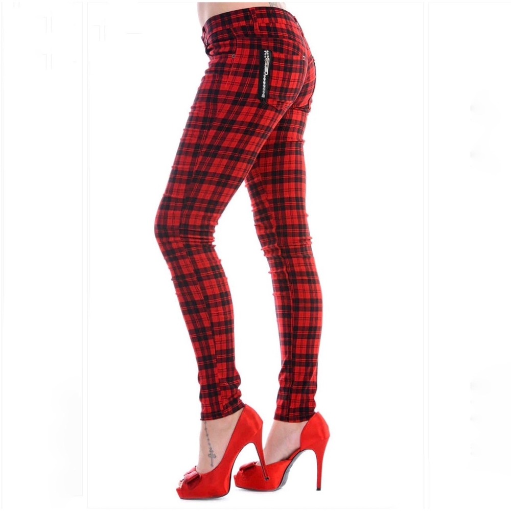 Banned Apparel Red Black Plaid Skinny Pants D-Ring Punk TBN405 Sz Large